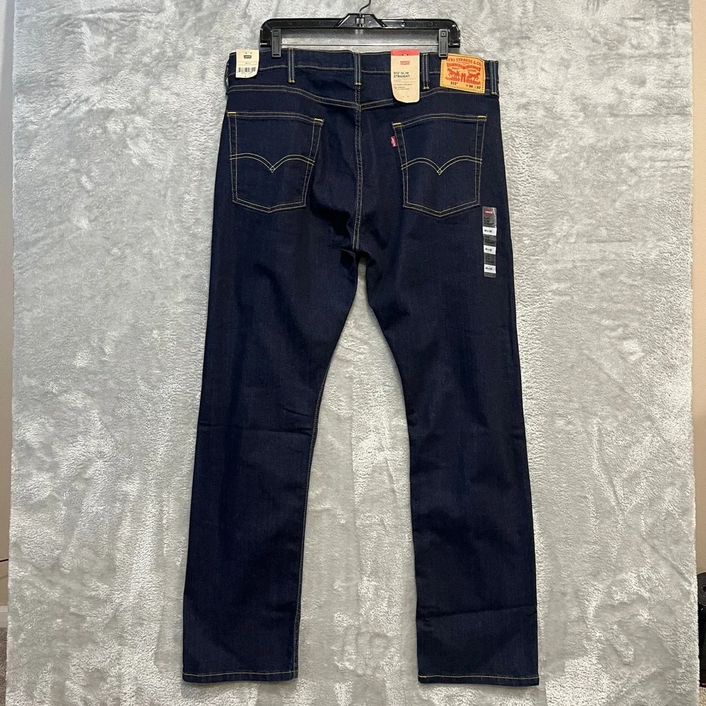 Levi 513 Slim Straight Jeans Mens 38x32 Dark Indigo Blue Stretch Denim